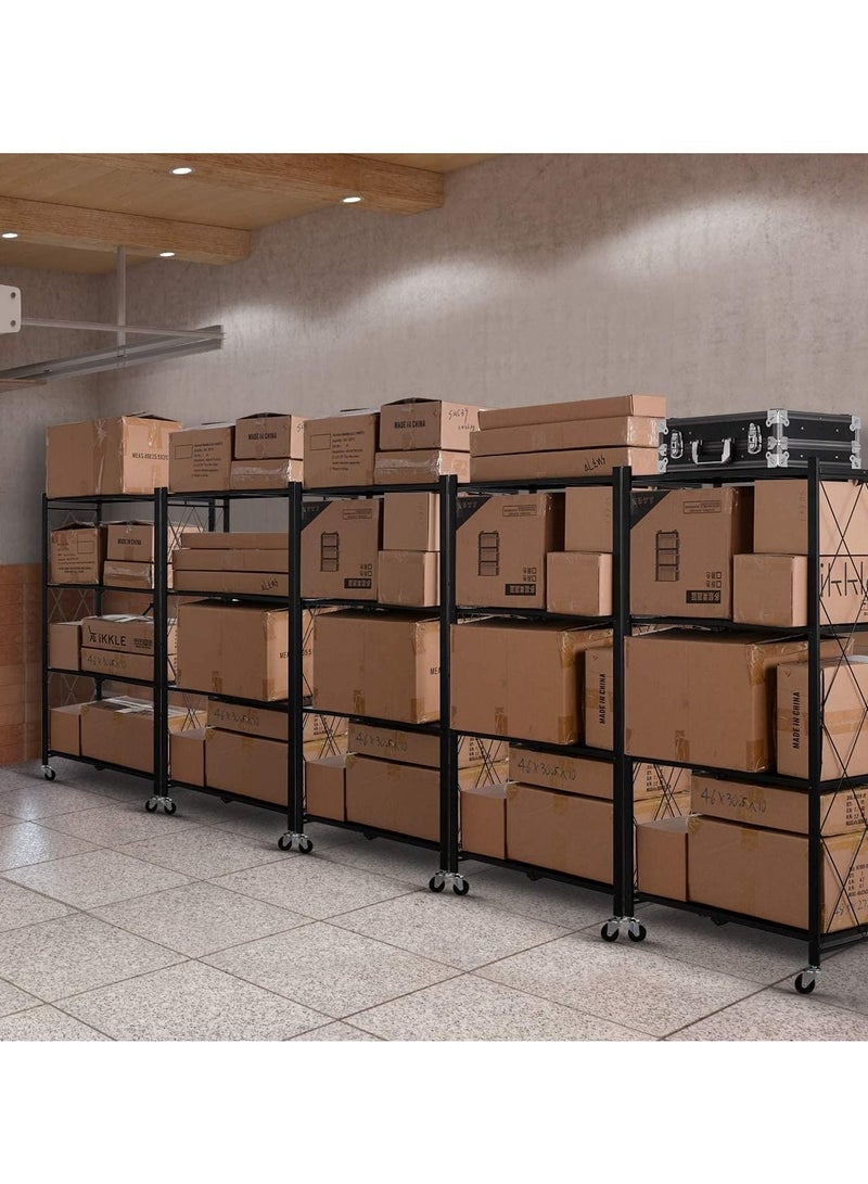 وحدة رفوف تخزين قابلة للطي، رفوف قابلة للطي بأربعة طبقات مع عجل للتخزين المؤقت أو المتنقل في المرآب أو المطبخ أو المستودع أو الفناء أو النباتات أو القبو (أسود، 4 طبقات) - Image 5