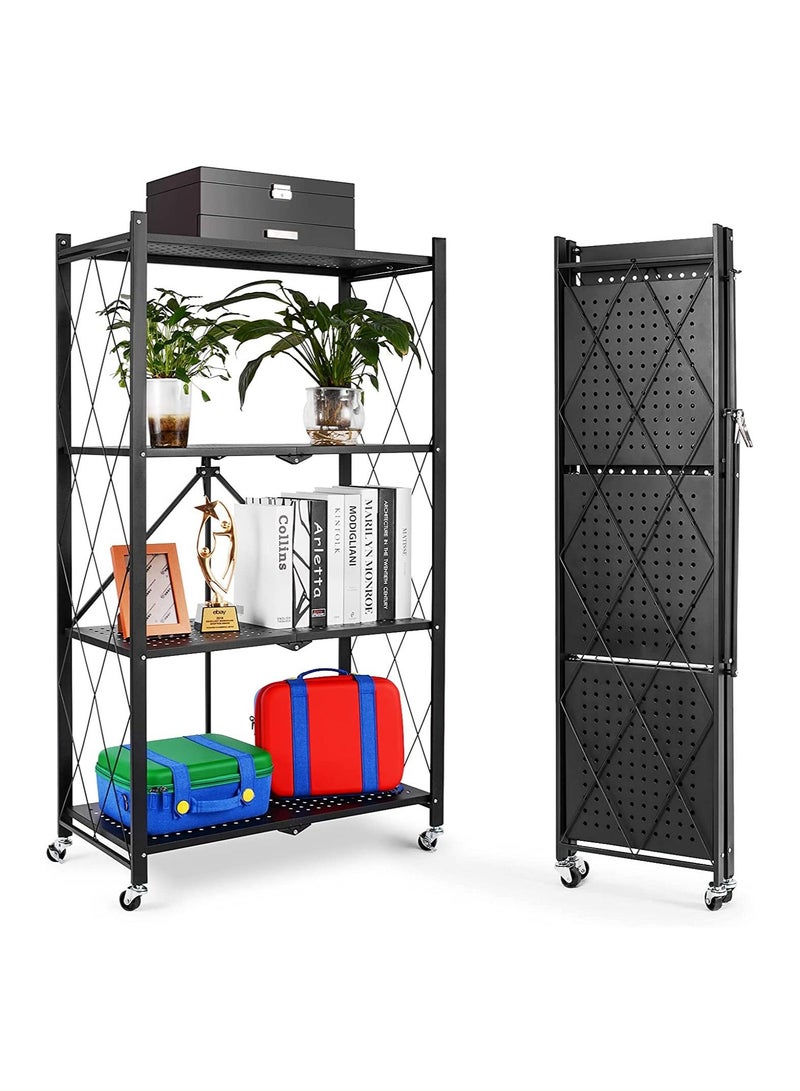 وحدة رفوف تخزين قابلة للطي، رفوف قابلة للطي بأربعة طبقات مع عجل للتخزين المؤقت أو المتنقل في المرآب أو المطبخ أو المستودع أو الفناء أو النباتات أو القبو (أسود، 4 طبقات) - Image 2