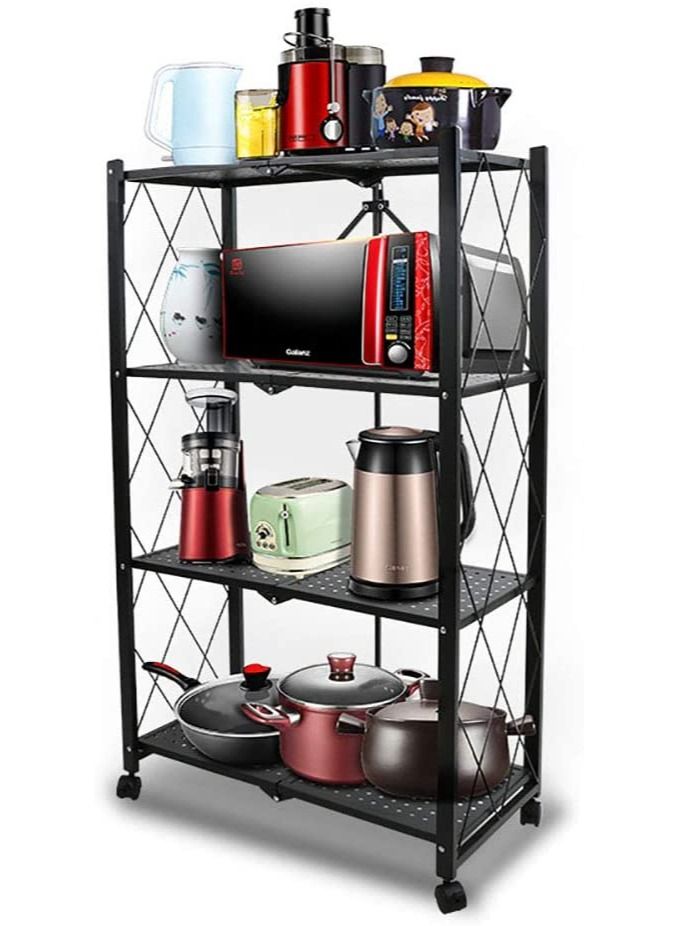 وحدة رفوف تخزين قابلة للطي، رفوف قابلة للطي بأربعة طبقات مع عجل للتخزين المؤقت أو المتنقل في المرآب أو المطبخ أو المستودع أو الفناء أو النباتات أو القبو (أسود، 4 طبقات) - Image 1