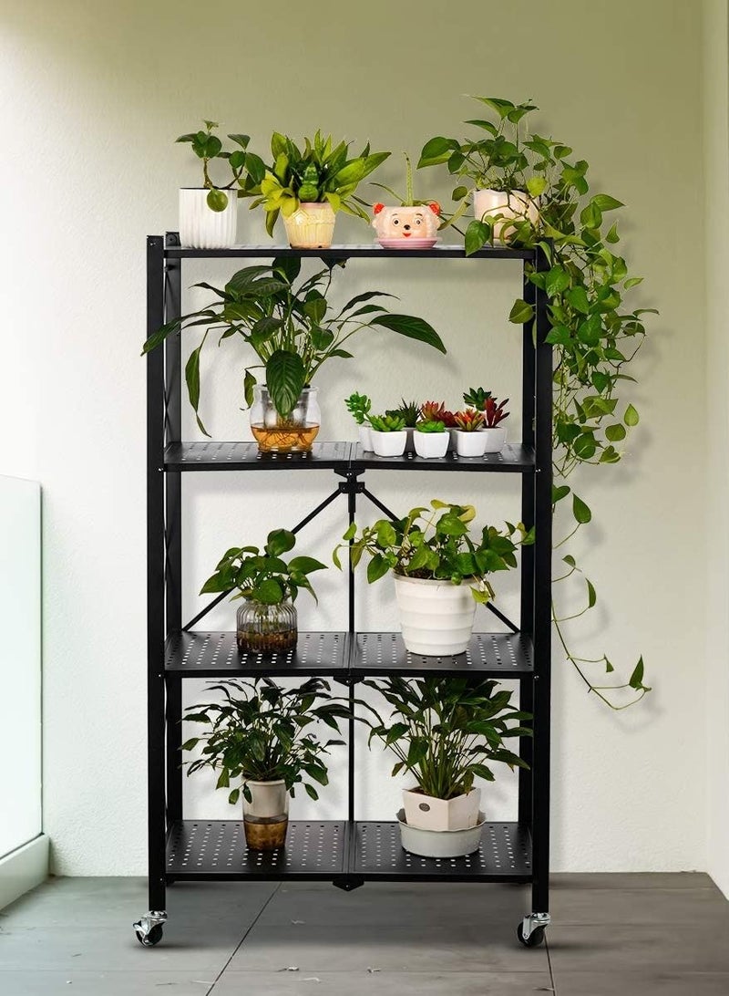 وحدة رفوف تخزين قابلة للطي، رفوف قابلة للطي بأربعة طبقات مع عجل للتخزين المؤقت أو المتنقل في المرآب أو المطبخ أو المستودع أو الفناء أو النباتات أو القبو (أسود، 4 طبقات) - Image 3