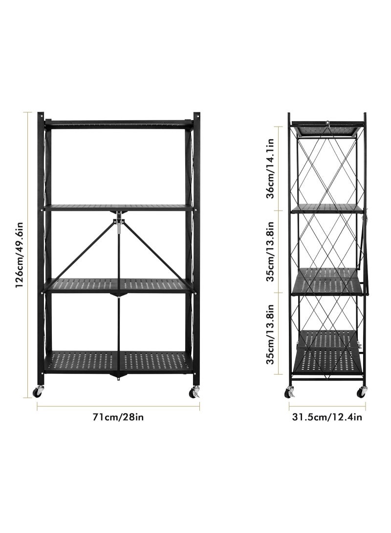 وحدة رفوف تخزين قابلة للطي، رفوف قابلة للطي بأربعة طبقات مع عجل للتخزين المؤقت أو المتنقل في المرآب أو المطبخ أو المستودع أو الفناء أو النباتات أو القبو (أسود، 4 طبقات) - Image 4