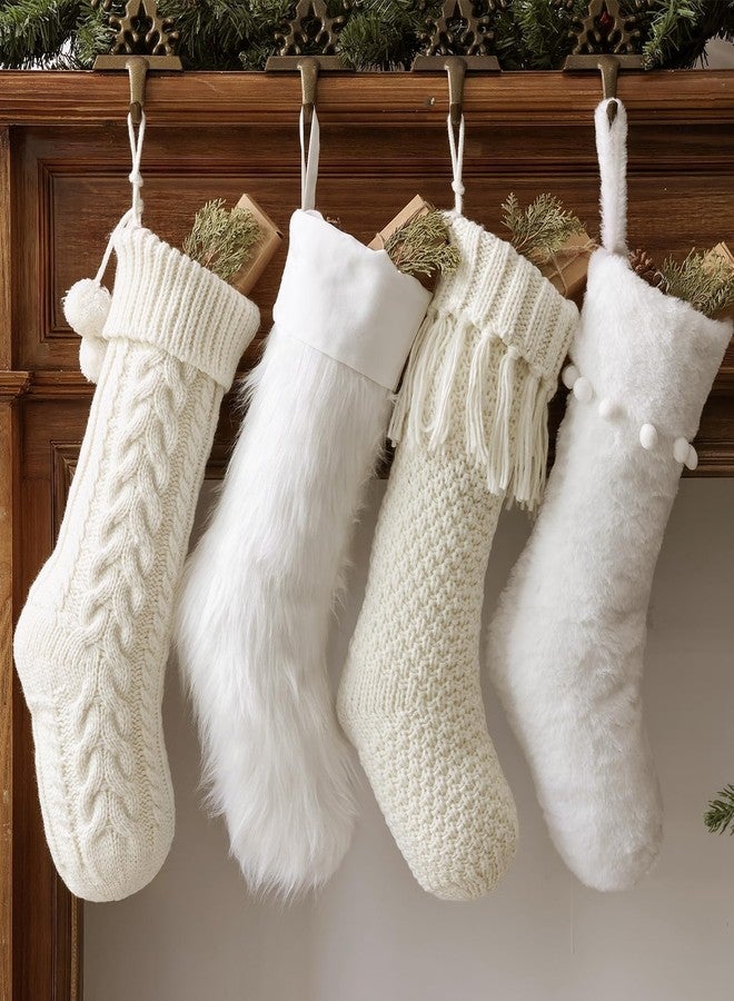 Pawliss Personalized Christmas Stockings: 4 Pcs 18 Inch White Farmhouse Plush Faux Fur & Cable Knitted Fireplace Xmas Stockings, Rustic Personalized Stocking Hanging Gifts Decorations for Family Holiday Decor - Image 1