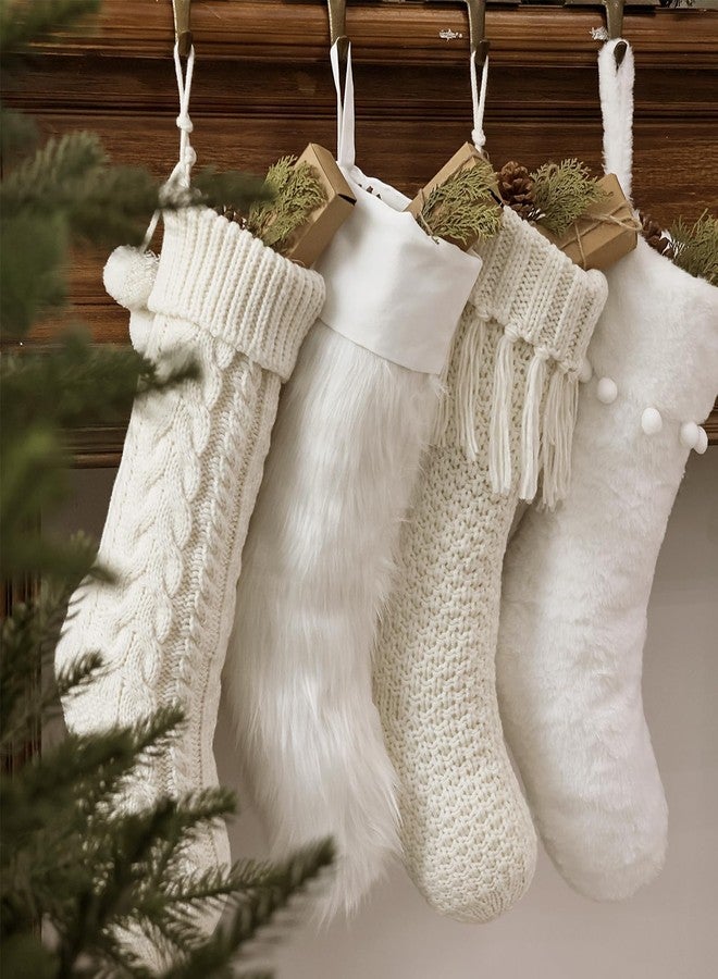 Pawliss Personalized Christmas Stockings: 4 Pcs 18 Inch White Farmhouse Plush Faux Fur & Cable Knitted Fireplace Xmas Stockings, Rustic Personalized Stocking Hanging Gifts Decorations for Family Holiday Decor - Image 5