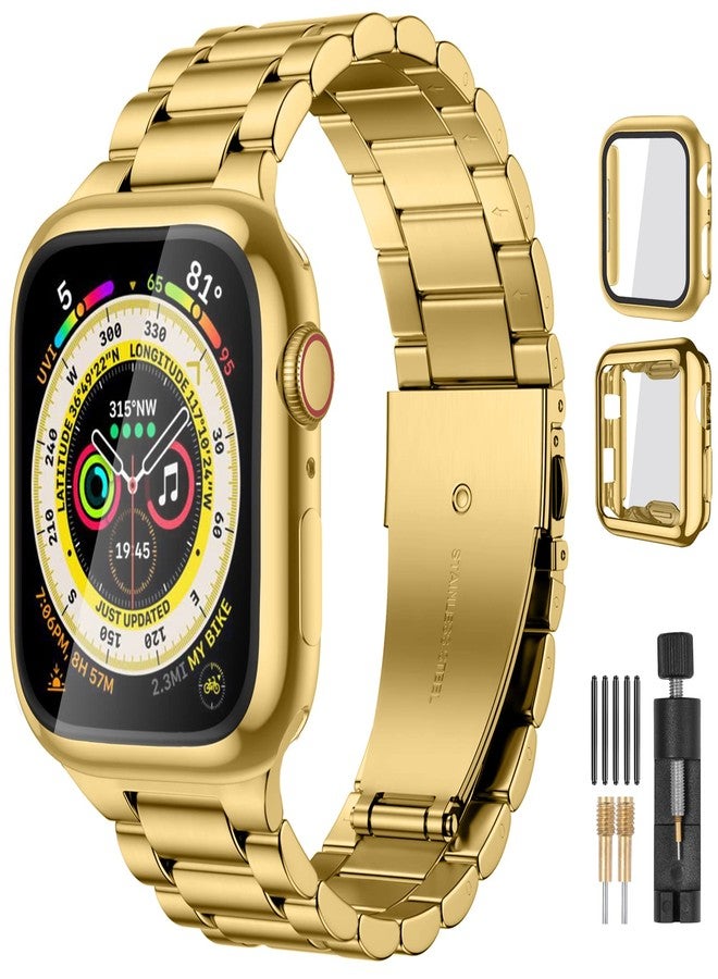 Lerobo Compatible with Apple Watch Band 40mm 41mm 38mm 44mm 42mm 45mm 49mm, Stainless Steel Metal Band for Apple with 2 Pack Screen Protective Case for Series 9 8 7 6 5 4 3-1 SE SE2 Ultra2 for Men - Image 1