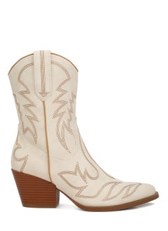 London Rag Faux Leather Patchwork Detail Boots in Cream  - Image 1