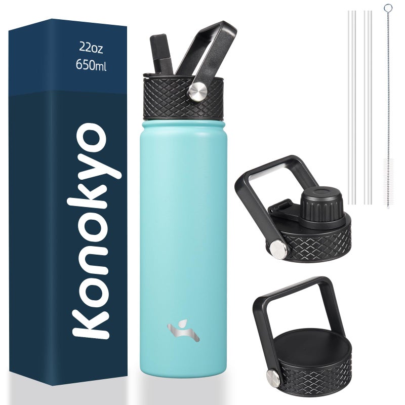 Konokyo 22oz Stainless Steel Bottles with 3 Lids Sport Insulated Water Bottle,Turquoise - Image 1