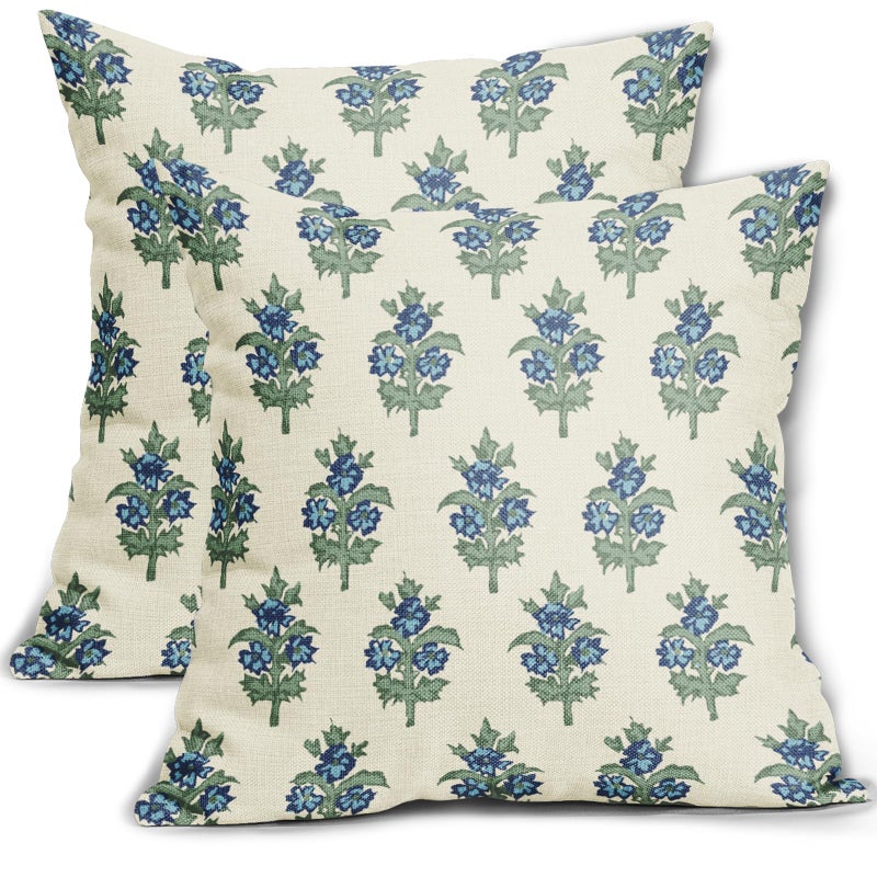 sorfbliss Sage Green Blue Floral Pillow Covers 18x18 Set of 2 Spring Flower Leaves Print Decorative Throw Pillow Cases Outdoor Farmhouse Decoration for Sofa Couch Bed - Image 1