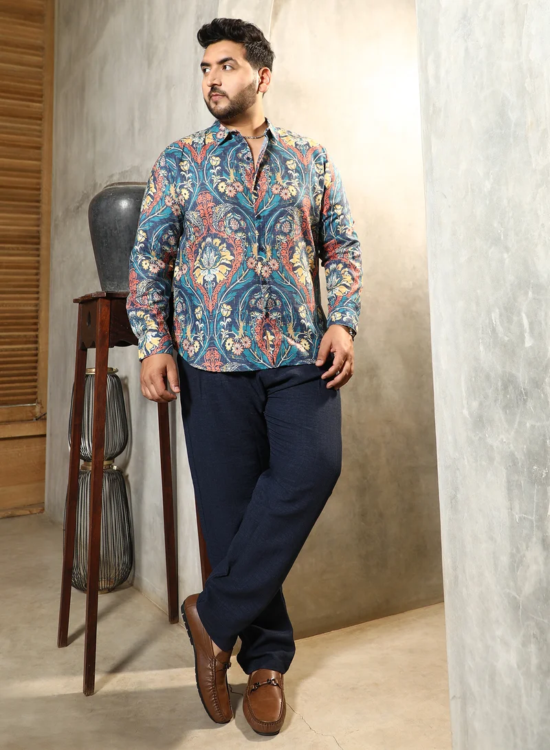 Instafab Plus Instafab Plus Men's Aegean Blue Floral-Opulance Shirt For Casual Wear | Spread Collar | Long Cuffed Sleeves | Button Closure | Plus Size Shirt Crafted With Comfort Fit For Everyday Wear