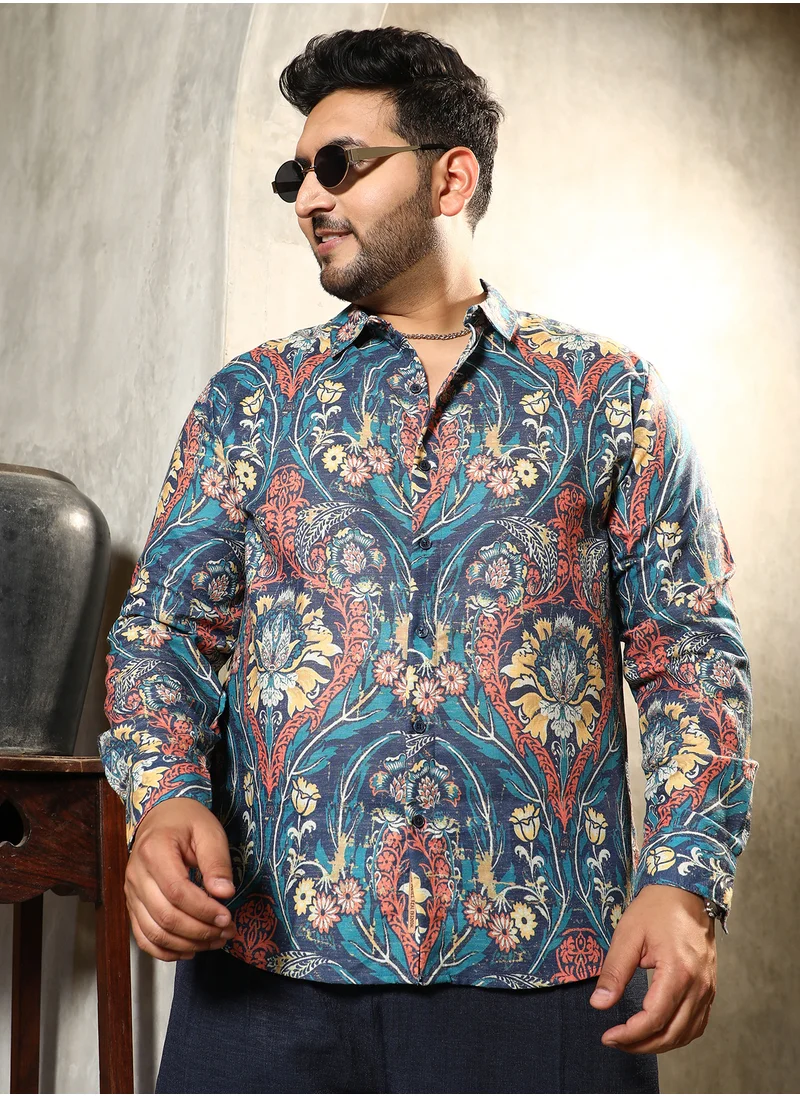 انستافاب بلس Instafab Plus Men's Aegean Blue Floral-Opulance Shirt For Casual Wear | Spread Collar | Long Cuffed Sleeves | Button Closure | Plus Size Shirt Crafted With Comfort Fit For Everyday Wear