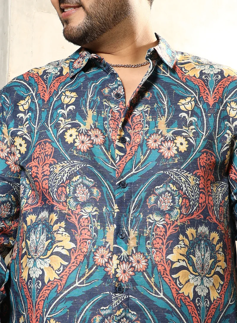 Instafab Plus Instafab Plus Men's Aegean Blue Floral-Opulance Shirt For Casual Wear | Spread Collar | Long Cuffed Sleeves | Button Closure | Plus Size Shirt Crafted With Comfort Fit For Everyday Wear