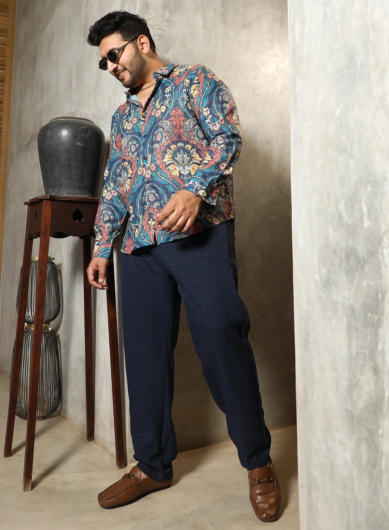 Instafab Plus Instafab Plus Men's Aegean Blue Floral-Opulance Shirt For Casual Wear | Spread Collar | Long Cuffed Sleeves | Button Closure | Plus Size Shirt Crafted With Comfort Fit For Everyday Wear