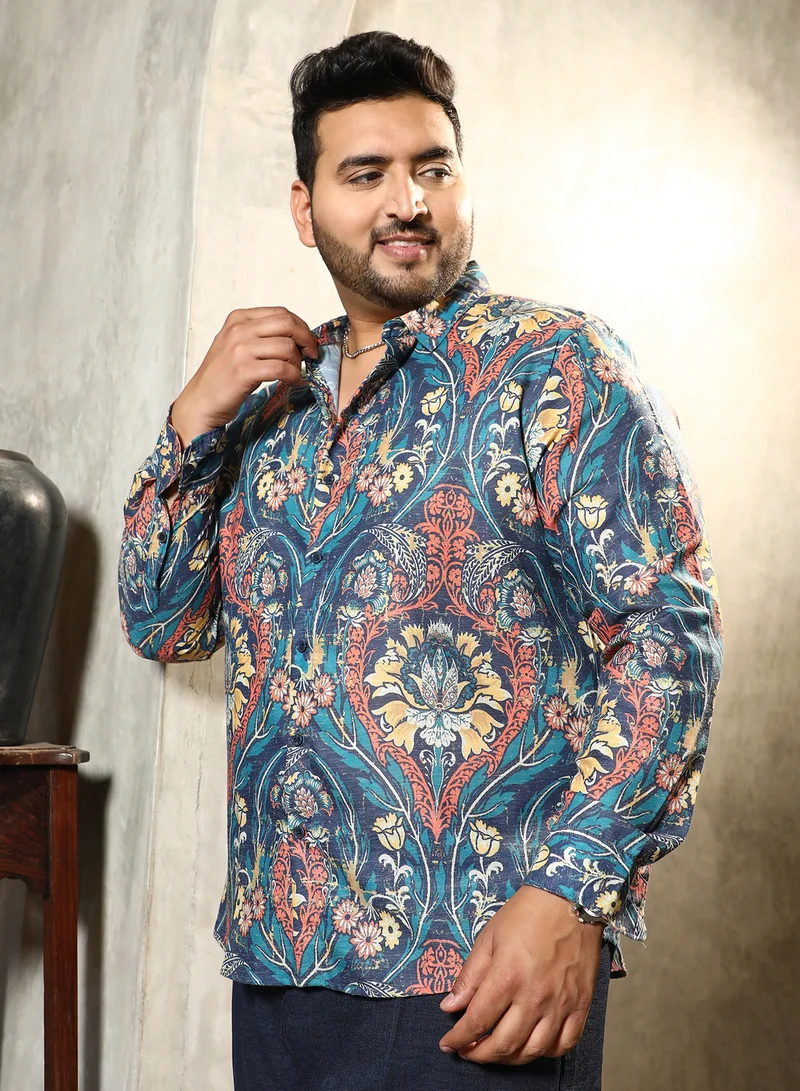 Instafab Plus Instafab Plus Men's Aegean Blue Floral-Opulance Shirt For Casual Wear | Spread Collar | Long Cuffed Sleeves | Button Closure | Plus Size Shirt Crafted With Comfort Fit For Everyday Wear