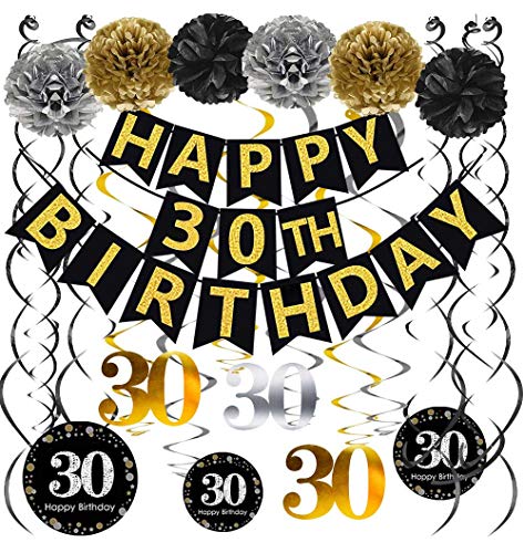 Famoby Black Gold Glittery Happy 30th Birthday BannerPomsSparkling 30 Hanging Swirls Kit for 30th Birthday Party 30th Anniversary Decorations Supplies - Image 1