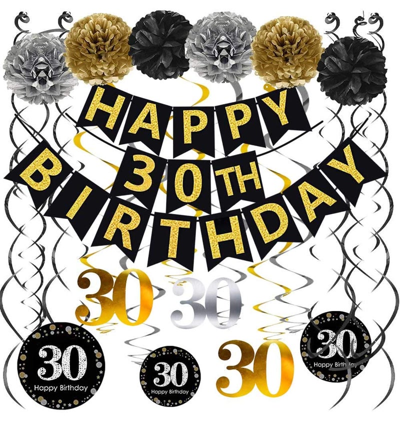 Famoby Black Gold Glittery Happy 30th Birthday BannerPomsSparkling 30 Hanging Swirls Kit for 30th Birthday Party 30th Anniversary Decorations Supplies - Image 2