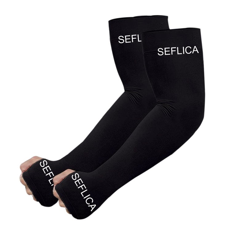 SEFLICA UV Sun Protection Cooling UPF 50 Compression Arm Sleeve for Men and Women With Thumb Hole , Arm Sleeves for Boys and Girls , For Tattoo Cover Up and Sports, 1 Pair - Black - Image 1