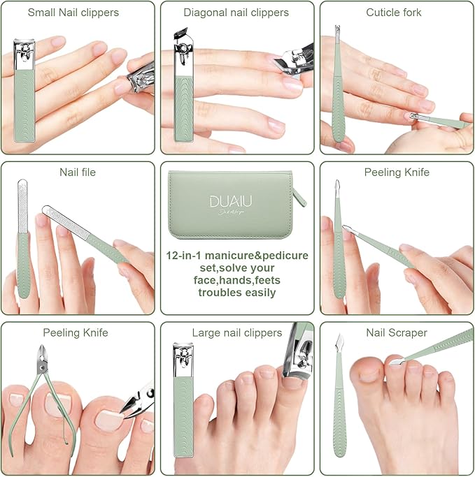 DUAIU Manicure Set12pcs Nail Clippers Set Professional Nail Kit Stainless Steel Nail Care Tools Pedicure Kit Manicure Set with PU Leather Bag Gift for Men Women - Image 5