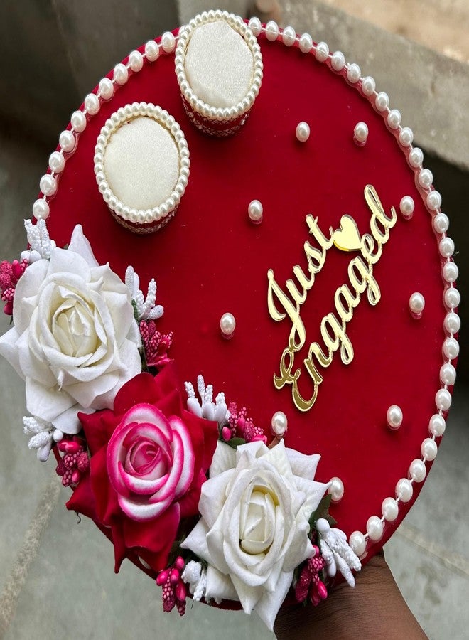 Mridang Engagement Wedding Holder Platter Just Engaged Thali | Wedding Ring Platter | Marriage Décor | Engagement Ring Tray (Pink Rani,White) velvet