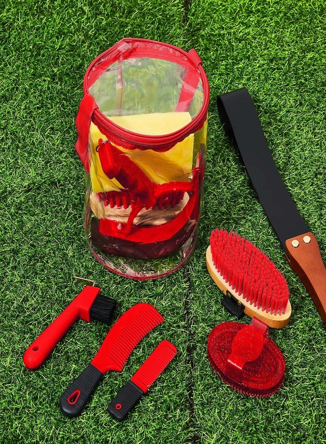 Cunhill 9 Pieces Horse Grooming Kit Tack Room Supplies Set with Organizer Tote Bag, Oval Massage Curry, Hard and Soft Brush, Hoof Pick, Sweat Scraper, Bathing Sponge, Combs for Horse Riders Beginners (Red) - Image 5