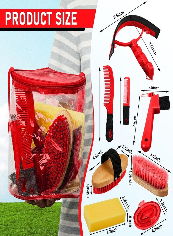 Cunhill 9 Pieces Horse Grooming Kit Tack Room Supplies Set with Organizer Tote Bag, Oval Massage Curry, Hard and Soft Brush, Hoof Pick, Sweat Scraper, Bathing Sponge, Combs for Horse Riders Beginners (Red) - Image 2