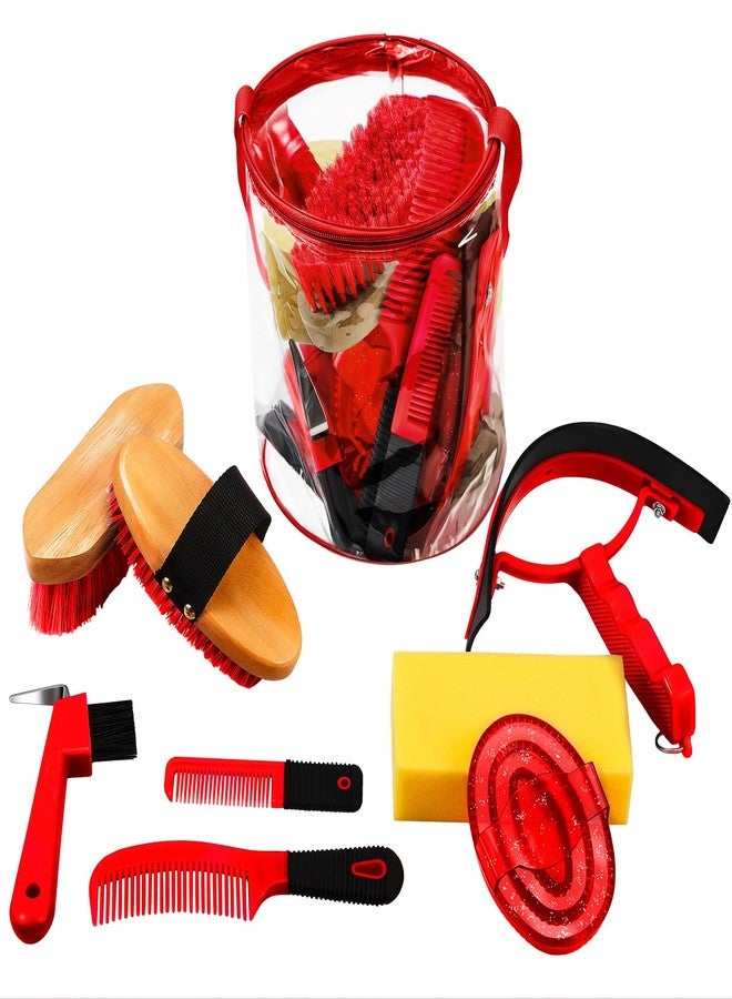 Cunhill 9 Pieces Horse Grooming Kit Tack Room Supplies Set with Organizer Tote Bag, Oval Massage Curry, Hard and Soft Brush, Hoof Pick, Sweat Scraper, Bathing Sponge, Combs for Horse Riders Beginners (Red) - Image 1
