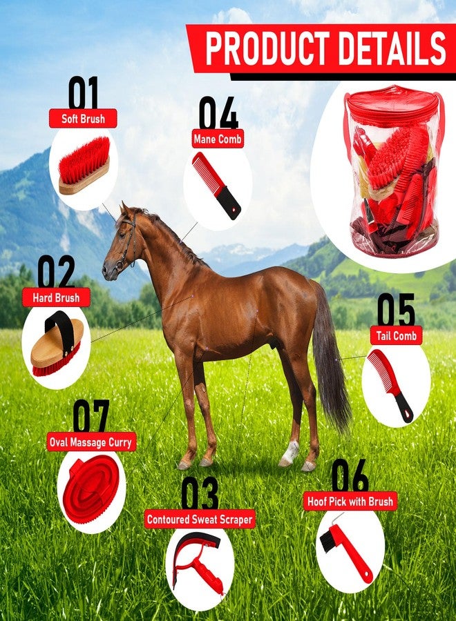 Cunhill 9 Pieces Horse Grooming Kit Tack Room Supplies Set with Organizer Tote Bag, Oval Massage Curry, Hard and Soft Brush, Hoof Pick, Sweat Scraper, Bathing Sponge, Combs for Horse Riders Beginners (Red) - Image 4