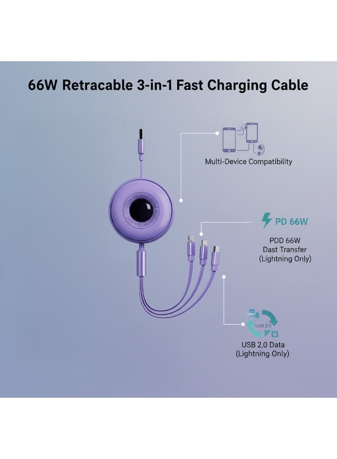 Cable 66W Super Fast 3-in-1 Retractable Charging Cable | Type-C/Micro/Phone Ports, Adjustable Length, with Dual Smart Chip and Data Transfer Support (Purple Color). - Image 2