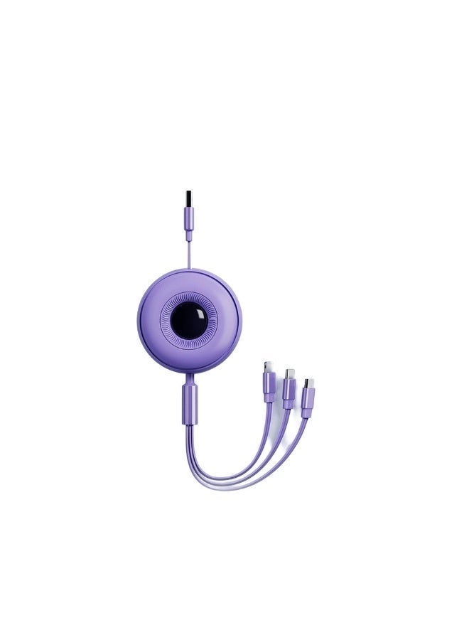 Cable 66W Super Fast 3-in-1 Retractable Charging Cable | Type-C/Micro/Phone Ports, Adjustable Length, with Dual Smart Chip and Data Transfer Support (Purple Color). - Image 3