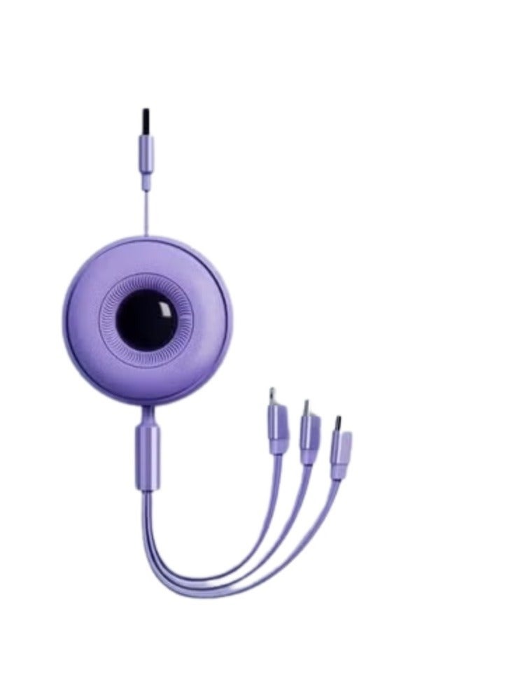 Cable 66W Super Fast 3-in-1 Retractable Charging Cable | Type-C/Micro/Phone Ports, Adjustable Length, with Dual Smart Chip and Data Transfer Support (Purple Color). - Image 1