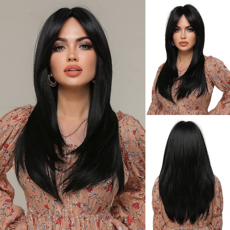 Esmee Long Black Women's Bangs Wig Layered Synthetic Hair Wig with Dark Roots for Everyday Party Cosplay Shooting, Wedding, Dating, Party - 24