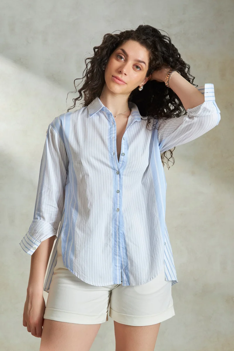 فيرجيو Cotton Mixed Daywear Stripe High Low Shirts for Women