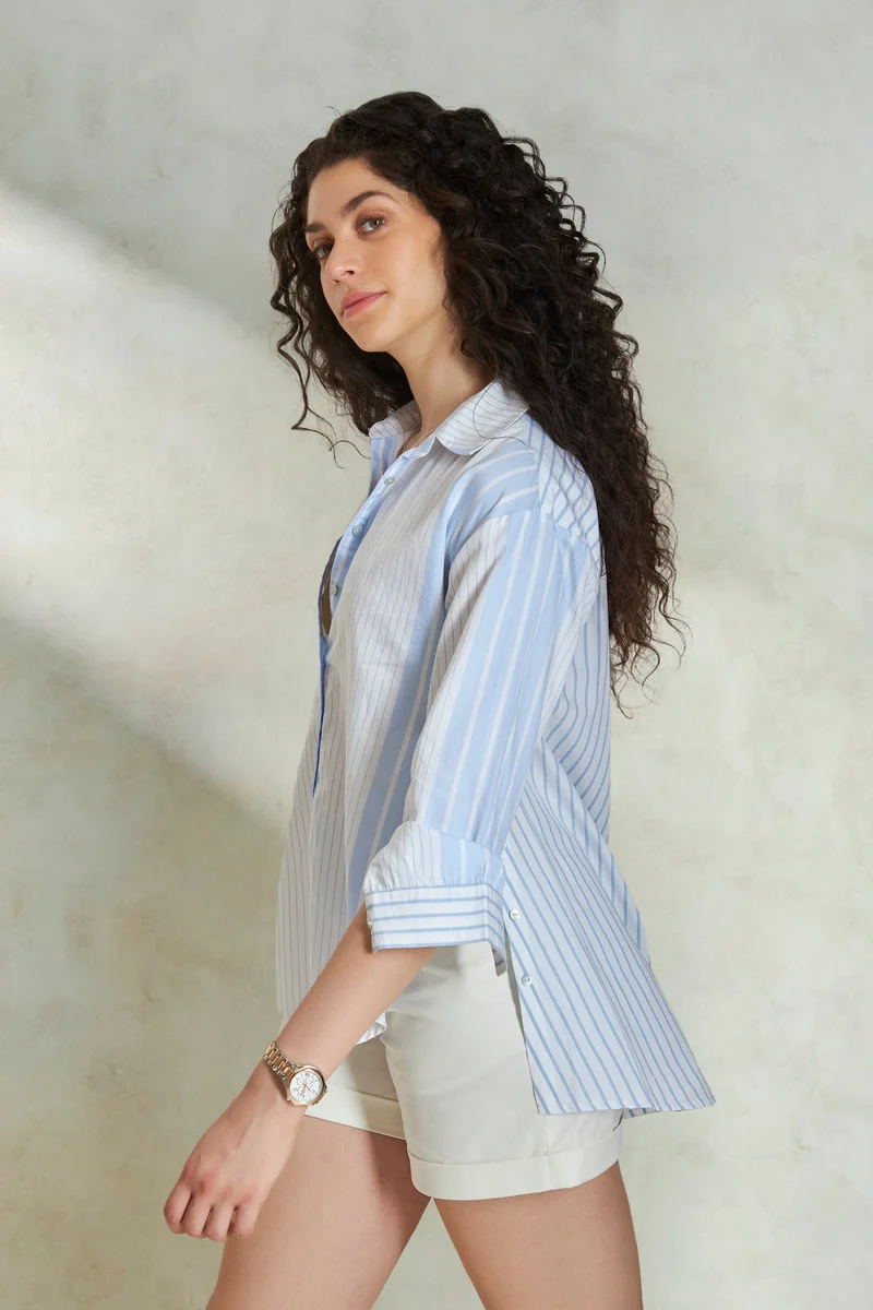 فيرجيو Cotton Mixed Daywear Stripe High Low Shirts for Women
