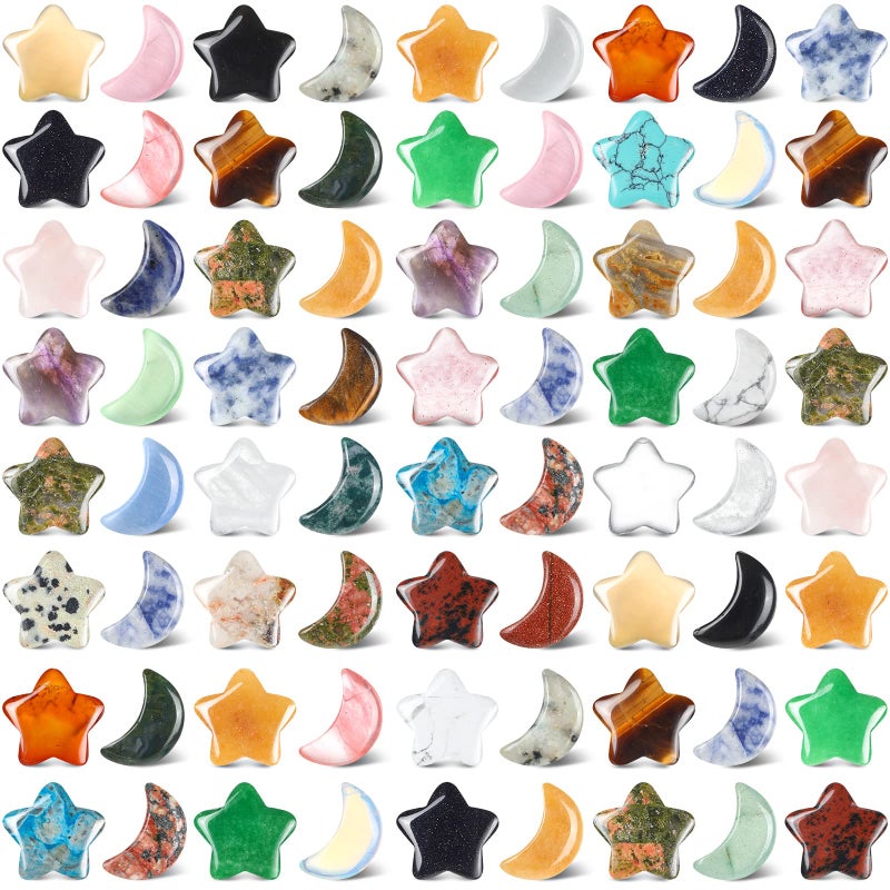 Nuenen Nuenen 72 Pieces Star and Moon Stones Crystal Bulk Worry Stones Moon Shaped Star Thumb Gemstones Polished Moon Pocket Star Palm Stones Bulk for Witchcraft DIY Meditation Reiki Balancing Decor Small 