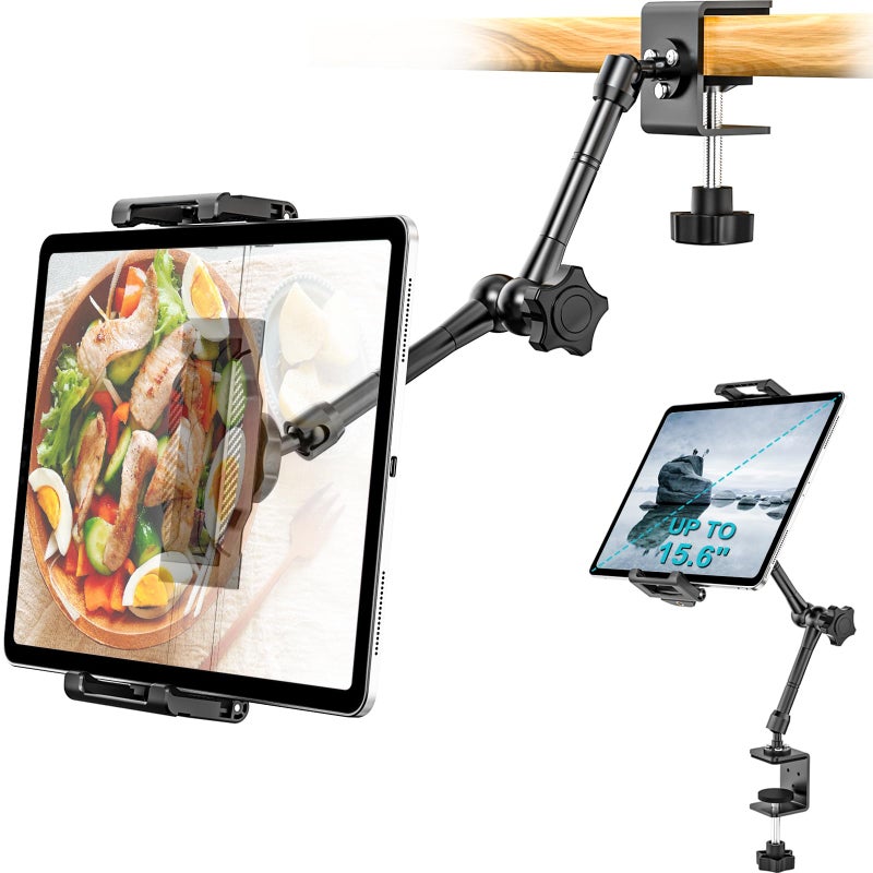 Dosvsi Kitchen Cabinet Tablet Holder, [Up to 15.6"] 360Â° Metal Arm Tablet Mount for Under Cabinet, Shelf/Desk/Counter Clamp Stand for iPad Pro 13 Air Mini, Galaxy Tab, Fire, iPhone, 6.1-15.6" Device - Image 1