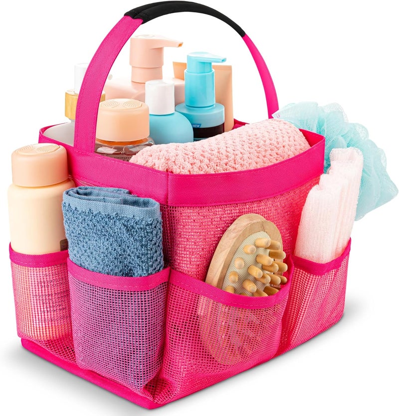 Shower Caddy Mesh - 9 Pocket Portable Bathroom Organizer Tote for Travel, Gym & Dorm - Collapsible Small Shower Caddy Bag to Hold Toiletries & Essentials (Pink)