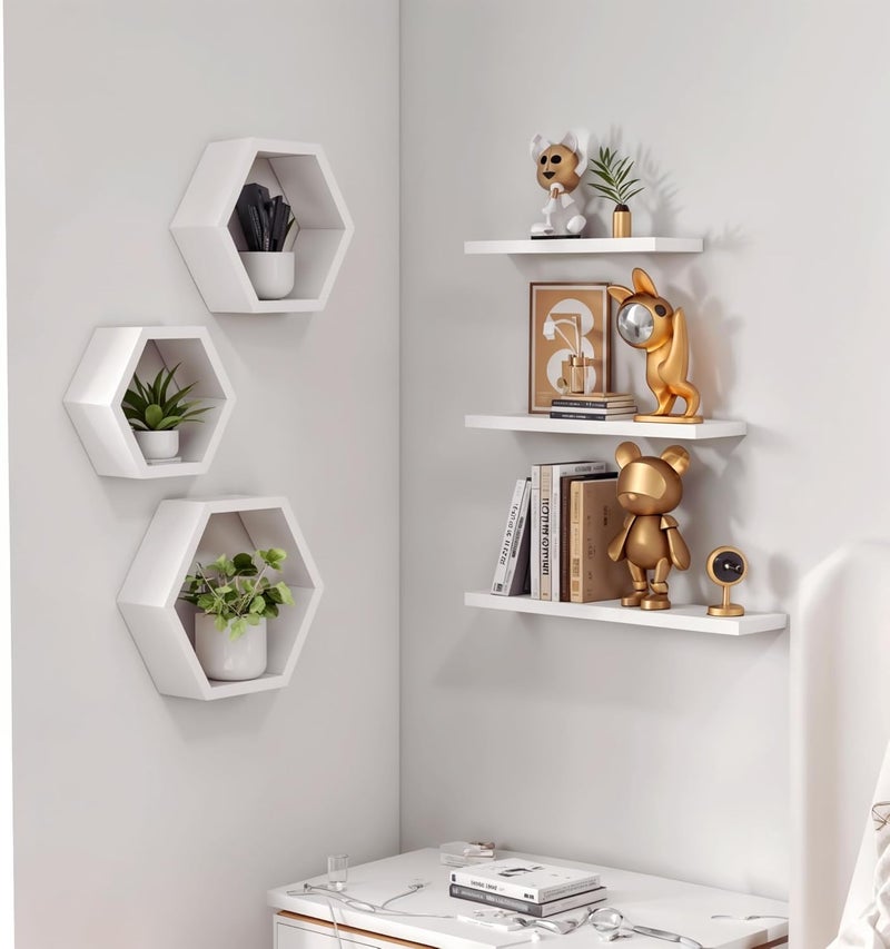 DDS Dream Decor Shoppee Dream Decor Shoppee Engineered Wood Woden Hexagonal Shape Wall Hanging Rack Floating Shelves for Display for Photos,Plants Living Room, Bedroom,Bathroom, Kitchen, Office (White) - Image 3