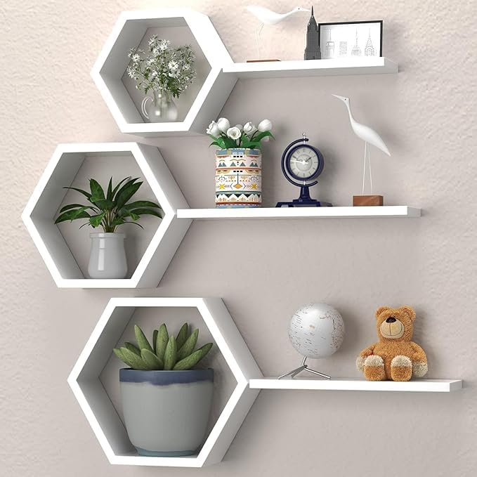 DDS Dream Decor Shoppee Dream Decor Shoppee Engineered Wood Woden Hexagonal Shape Wall Hanging Rack Floating Shelves for Display for Photos,Plants Living Room, Bedroom,Bathroom, Kitchen, Office (White) - Image 2
