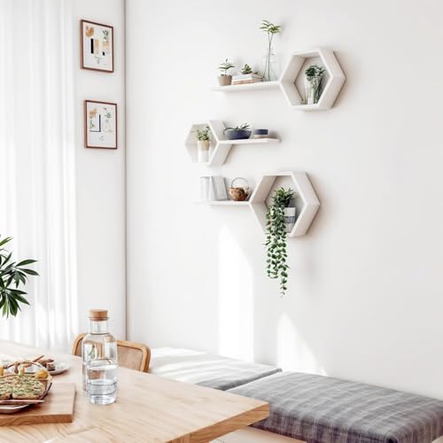 DDS Dream Decor Shoppee Dream Decor Shoppee Engineered Wood Woden Hexagonal Shape Wall Hanging Rack Floating Shelves for Display for Photos,Plants Living Room, Bedroom,Bathroom, Kitchen, Office (White) - Image 4