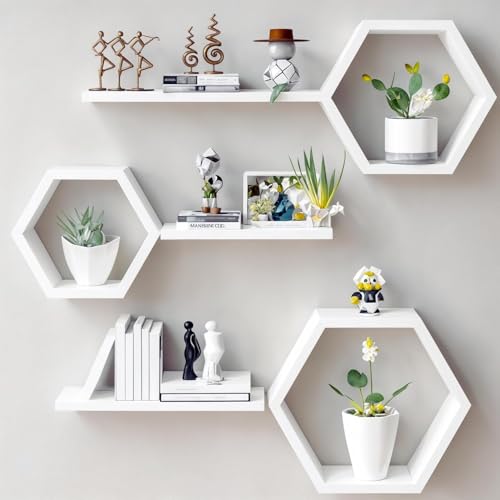 DDS Dream Decor Shoppee Dream Decor Shoppee Engineered Wood Woden Hexagonal Shape Wall Hanging Rack Floating Shelves for Display for Photos,Plants Living Room, Bedroom,Bathroom, Kitchen, Office (White) - Image 1