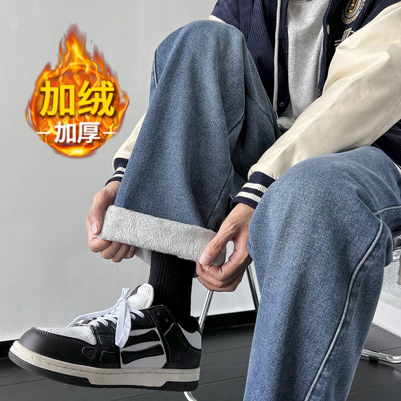 Winter Velvet Thickeneded American High Street Jeans For Boys And Teenagers Loose Straight Elastic Waist Warm Pants - Image 3