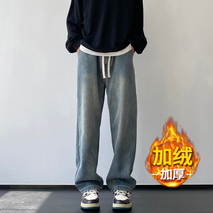 Winter Velvet Thickeneded American High Street Jeans For Boys And Teenagers Loose Straight Elastic Waist Warm Pants - Image 1
