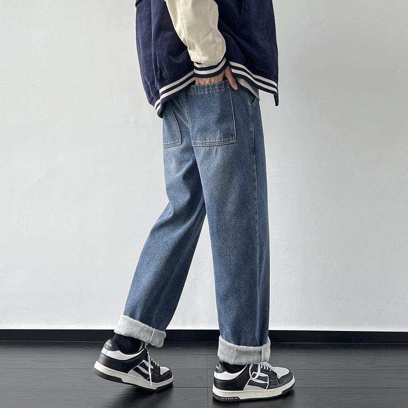 Winter Velvet Thickeneded American High Street Jeans For Boys And Teenagers Loose Straight Elastic Waist Warm Pants - Image 5