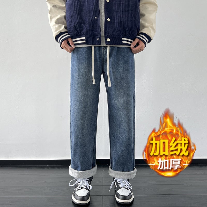 Winter Velvet Thickeneded American High Street Jeans For Boys And Teenagers Loose Straight Elastic Waist Warm Pants - Image 2