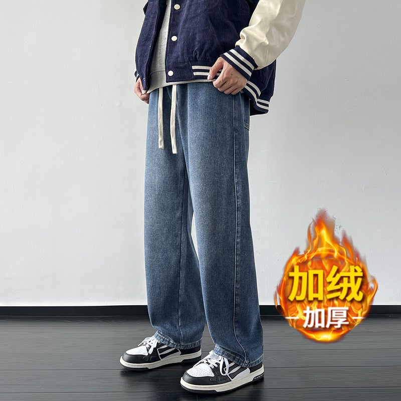 Winter Velvet Thickeneded American High Street Jeans For Boys And Teenagers Loose Straight Elastic Waist Warm Pants - Image 4