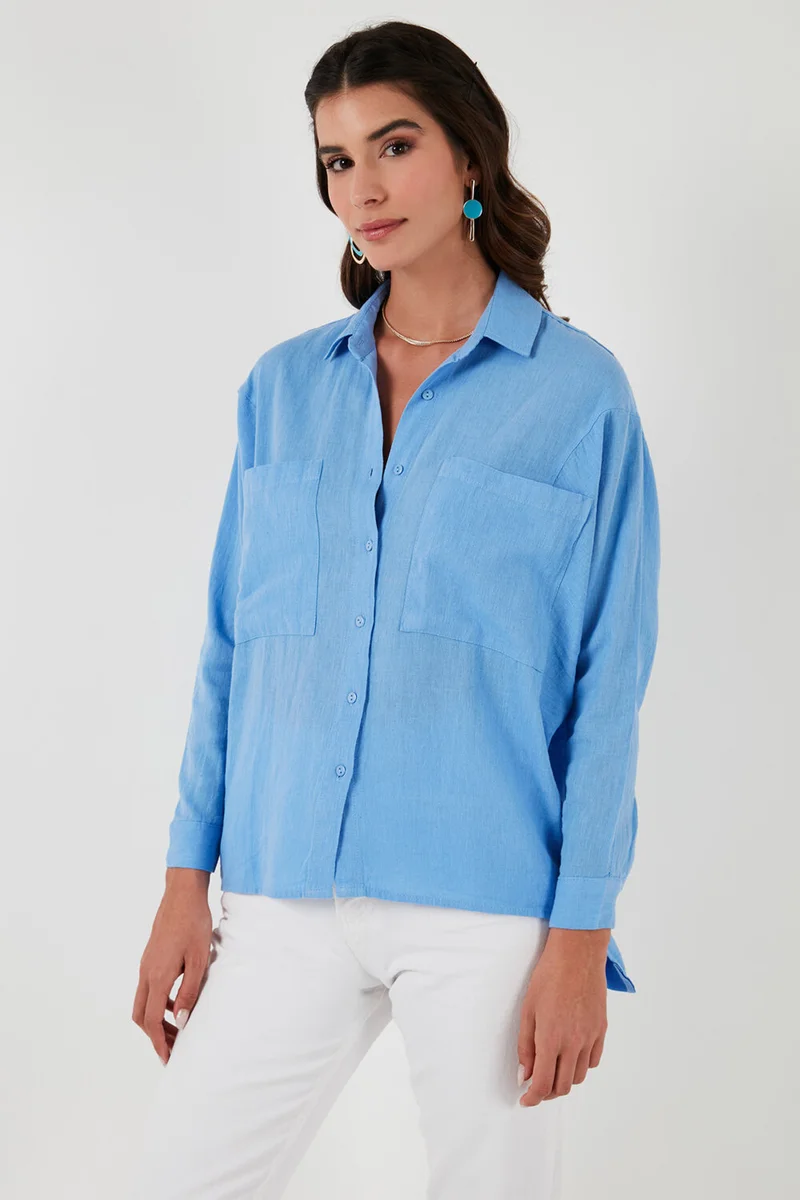 ليلا Back Window Detailed Double Pocket 100% Cotton Relaxed Fit Shirt Women's Shirt 51444592