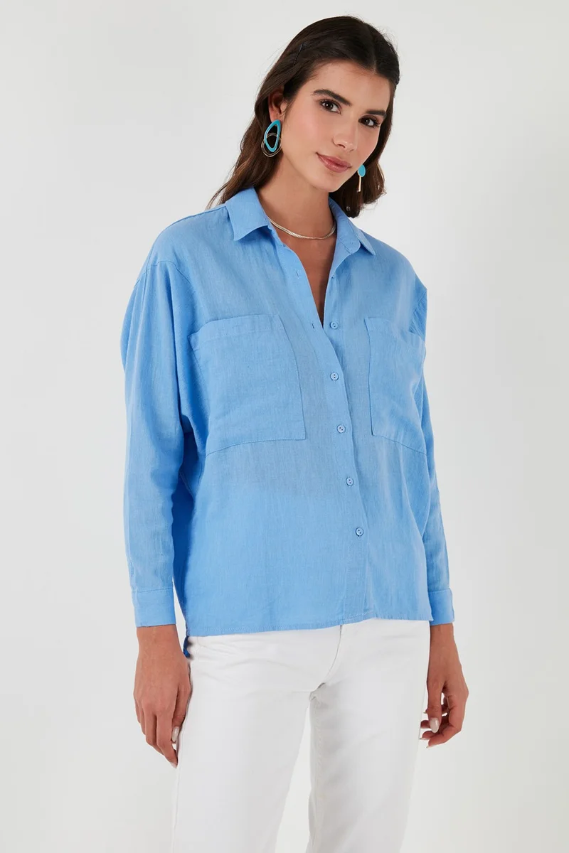 ليلا Back Window Detailed Double Pocket 100% Cotton Relaxed Fit Shirt Women's Shirt 51444592