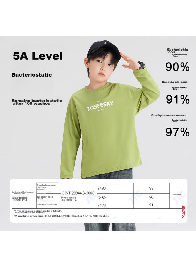 Zuoxi تي شيرت بأكمام طويلة للأولاد، ملابس خريفية من قطن نقي من الدرجة A للأطفال، أسلوب جديد لتي شيرت الأولاد في الربيع والخريف، عصري، أخضر، مقاس 130 - Image 4