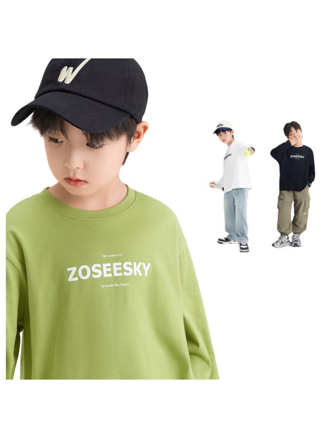 Zuoxi تي شيرت بأكمام طويلة للأولاد، ملابس خريفية من قطن نقي من الدرجة A للأطفال، أسلوب جديد لتي شيرت الأولاد في الربيع والخريف، عصري، أخضر، مقاس 130 - Image 3