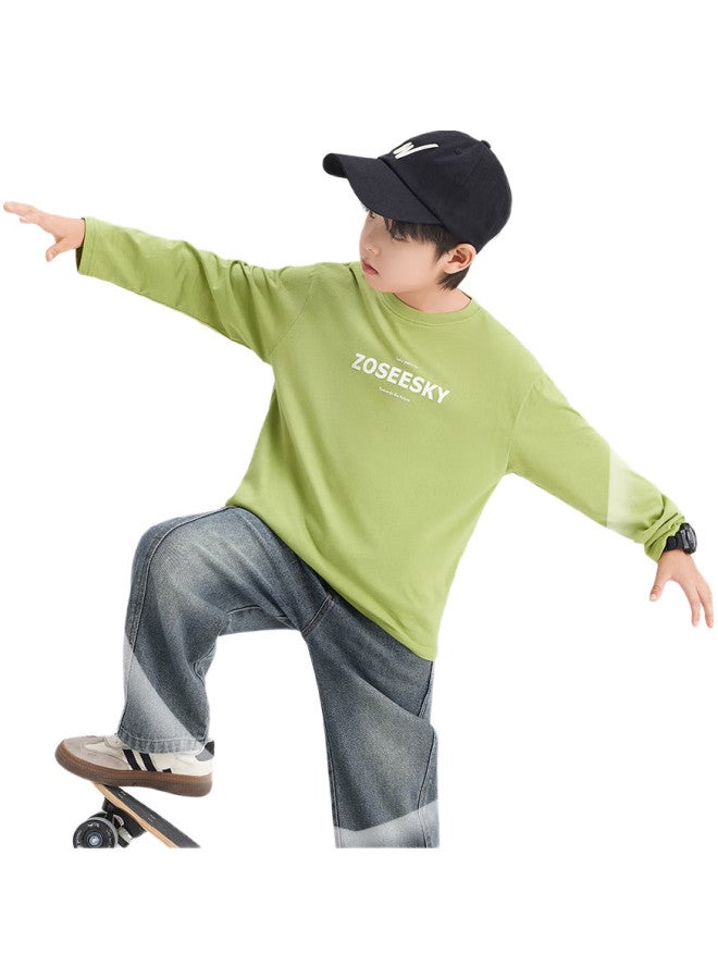 Zuoxi تي شيرت بأكمام طويلة للأولاد، ملابس خريفية من قطن نقي من الدرجة A للأطفال، أسلوب جديد لتي شيرت الأولاد في الربيع والخريف، عصري، أخضر، مقاس 130 - Image 1