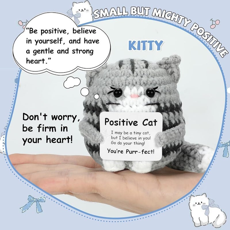 ALMEKAQUZ Positive Crochet Cat Mini Animal Emotional Support Gifts,Handmade Knitted Doll with Card, Cute Motivational Crocheting Present for Women Men Friends Family Birthday Decor - Image 2