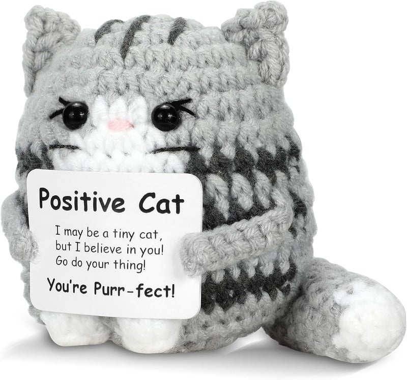 ALMEKAQUZ Positive Crochet Cat Mini Animal Emotional Support Gifts,Handmade Knitted Doll with Card, Cute Motivational Crocheting Present for Women Men Friends Family Birthday Decor - Image 1